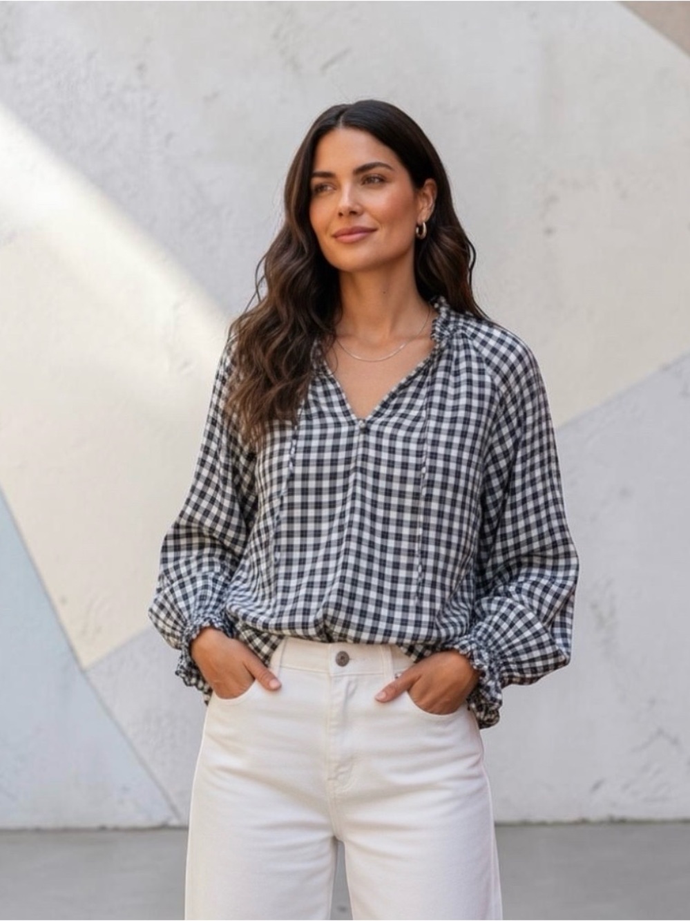 Unsubscribed Size Medium Gingham Bohemian Long Sleeve Blouse